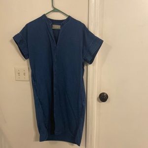 Everlane Split Neck Jean Dress Size 12 Denim Indigo Pockets Casual Minimal